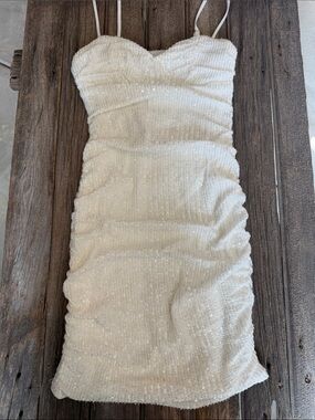 Hello Molly Off White Sequin Ruched Spaghetti Strap Mini Dress